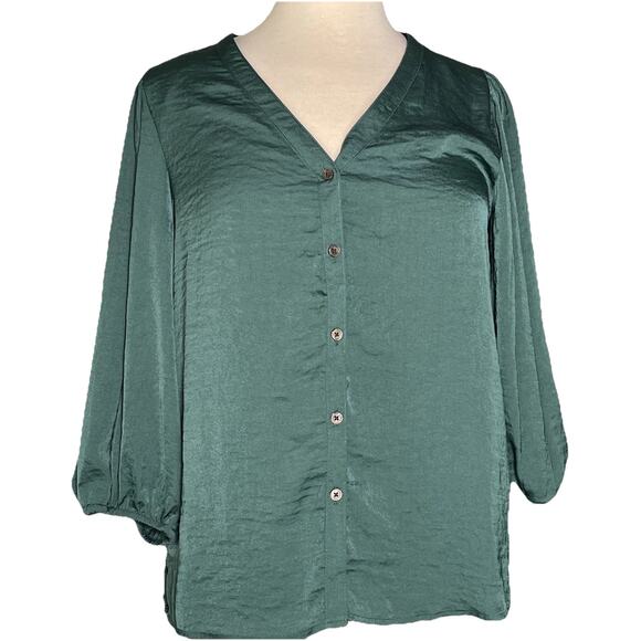 Vince Camuto Satin Balloon-Sleeve Button-up Blouse Top | Small, Teal Green - Picture 1 of 4